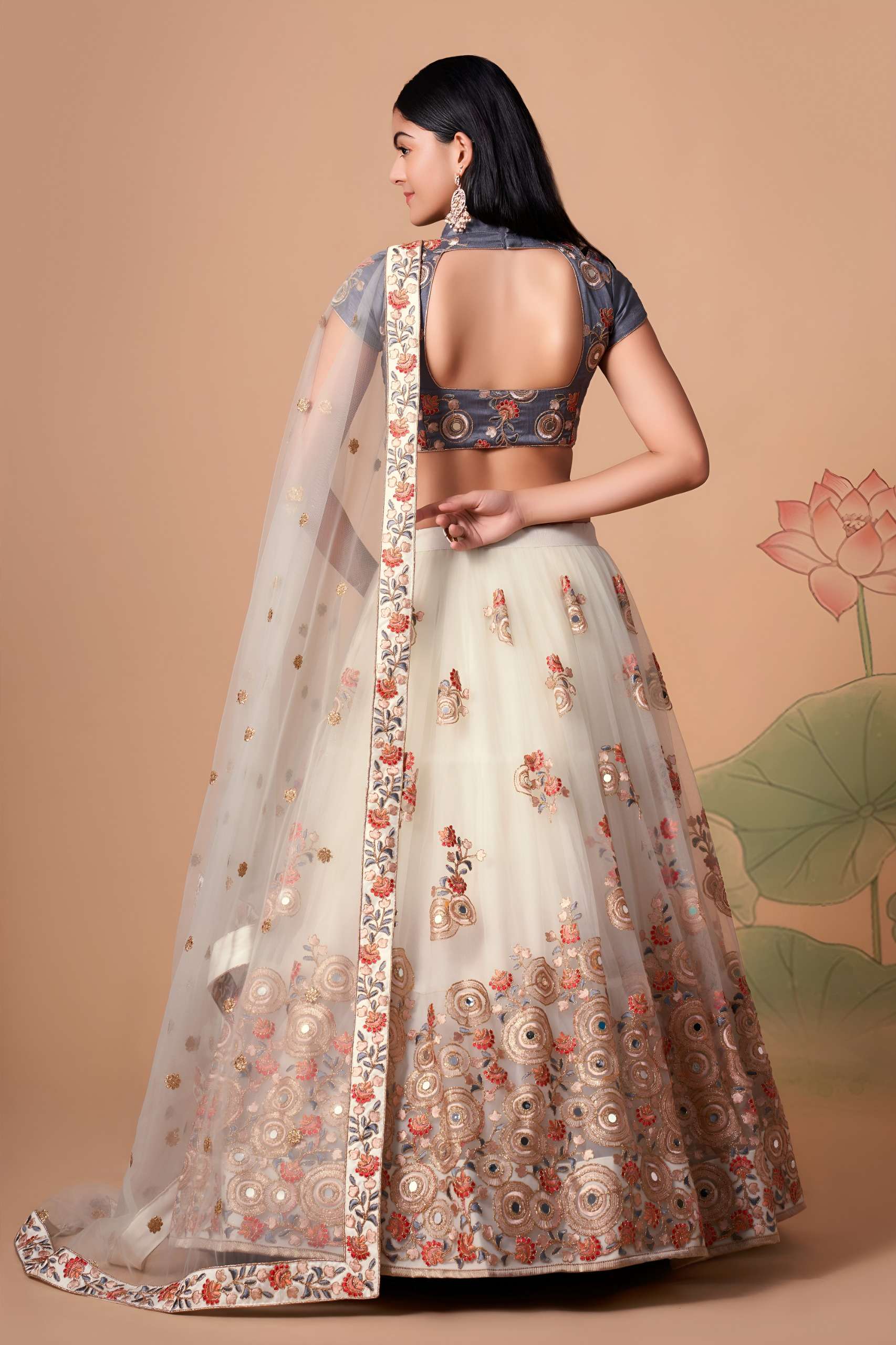 Ivory & Slate Grey Floral and Mirror work on net Lehenga Choli supplier in surat 7322 Off White  